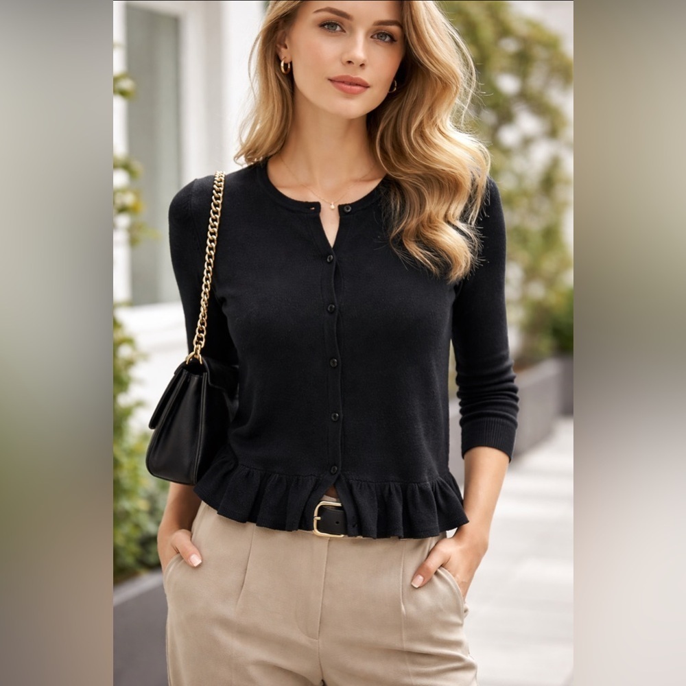 Talbots Classic Black 100% Merino Wool Button Front Ruffle Hem Cardigan L